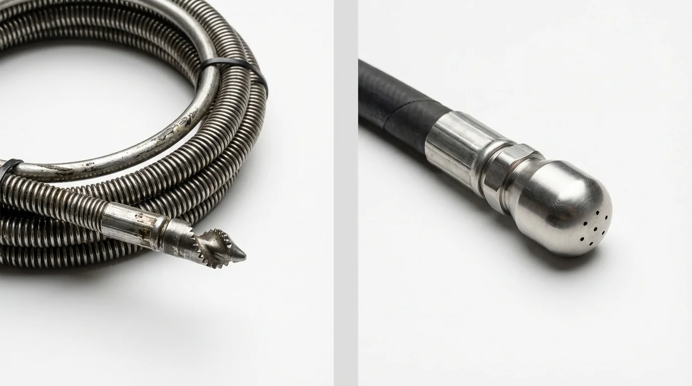 Drain snake cable and hydro jetting nozzle used for drain cleaning in Los Alamos, CA