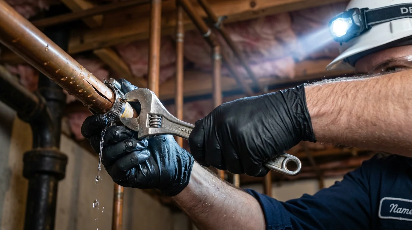 Emergency pipe clamp repair being performed by a Johns Plumbing LLC plumber in Los Alamos
