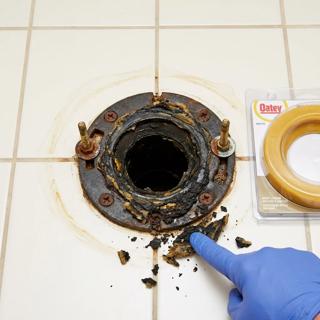 Failed wax ring showing water seepage at the base of a toilet in a Los Alamos, CA home