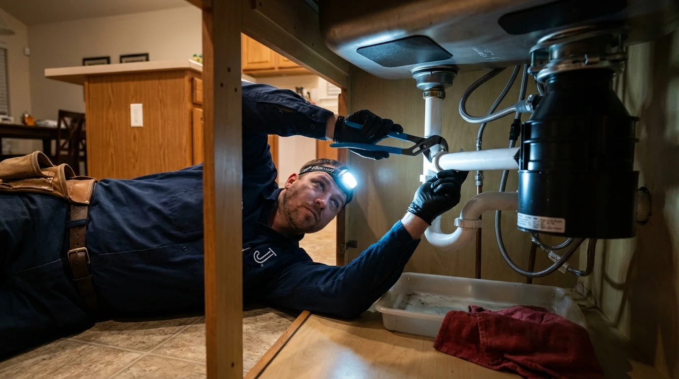 P-trap and supply line connections under a kitchen sink showing a common leak point in Los Alamos, CA